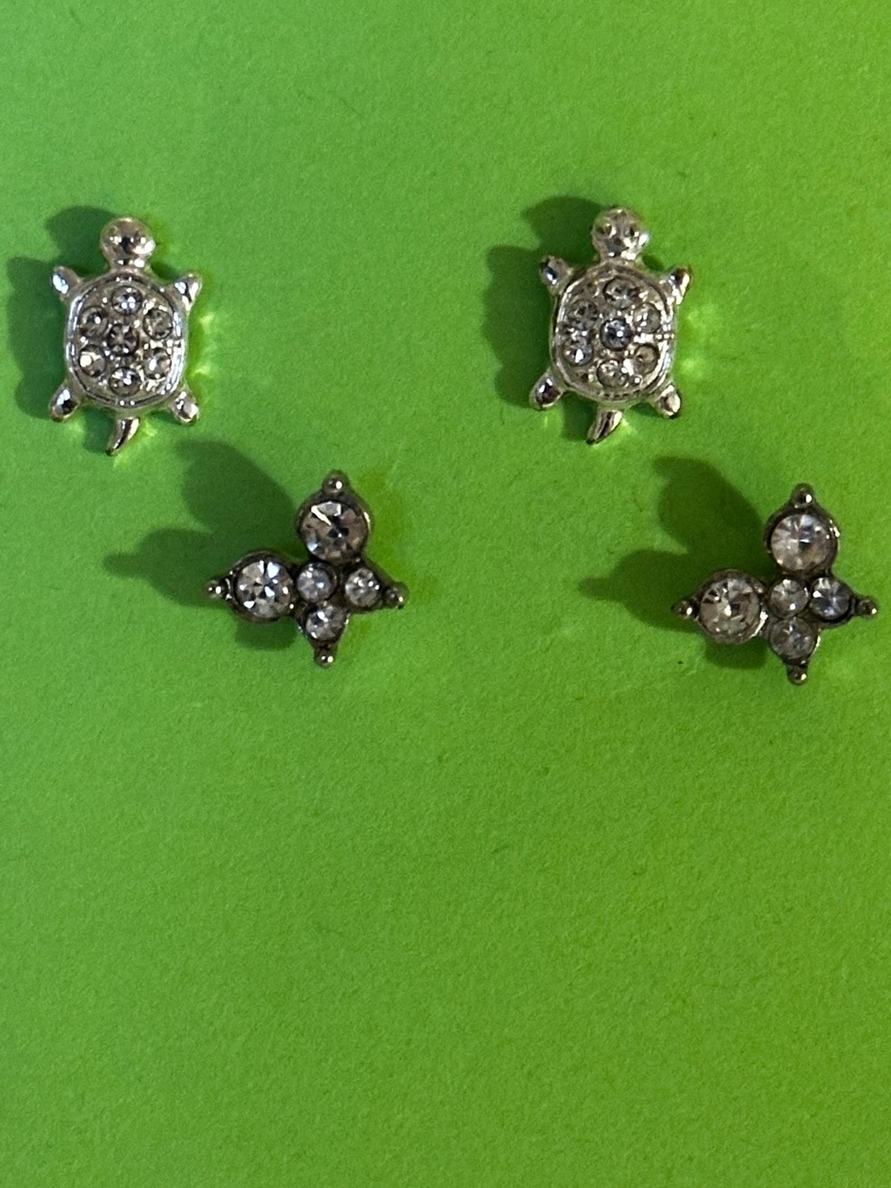 Sparkly Turtle & Butterfly Stud Earrings - Silver & Crystal tone
